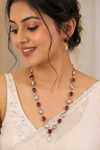 purple mehndi-plated agate stone necklace set with earrings & kundan