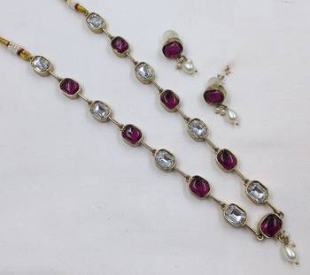 purple mehndi-plated agate stone necklace set with earrings & kundan 2