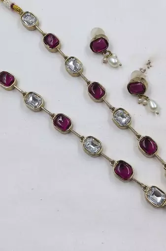 purple mehndi-plated agate stone necklace set with earrings & kundan
