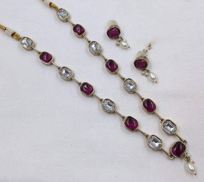 purple mehndi-plated agate stone necklace set with earrings & kundan