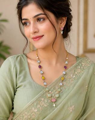multicolor mehndi-plated agate stone necklace set with earrings & kundan 1