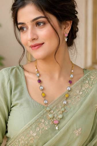 multicolor mehndi-plated agate stone necklace set with earrings & kundan