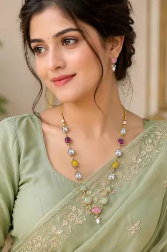 multicolor mehndi-plated agate stone necklace set with earrings & kundan