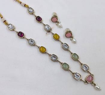 multicolor mehndi-plated agate stone necklace set with earrings & kundan 2