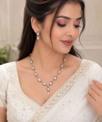 white mehndi-plated agate stone necklace set with earrings & kundan 1