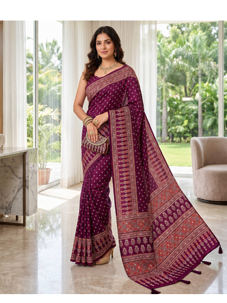Wine Colour Mirror Work Border And Red Pallu With Red Tassels (Latkan) With Ajarakh Print Gajji Silk Saree 1