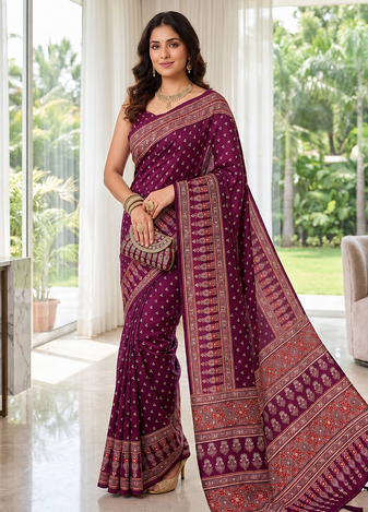 Wine Colour Mirror Work Border And Red Pallu With Red Tassels (Latkan) With Ajarakh Print Gajji Silk Saree