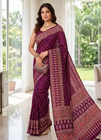 Wine Colour Mirror Work Border And Red Pallu With Red Tassels (Latkan) With Ajarakh Print Gajji Silk Saree