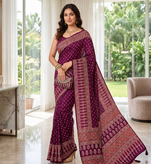 Wine Colour Mirror Work Border And Red Pallu With Red Tassels (Latkan) With Ajarakh Print Gajji Silk Saree