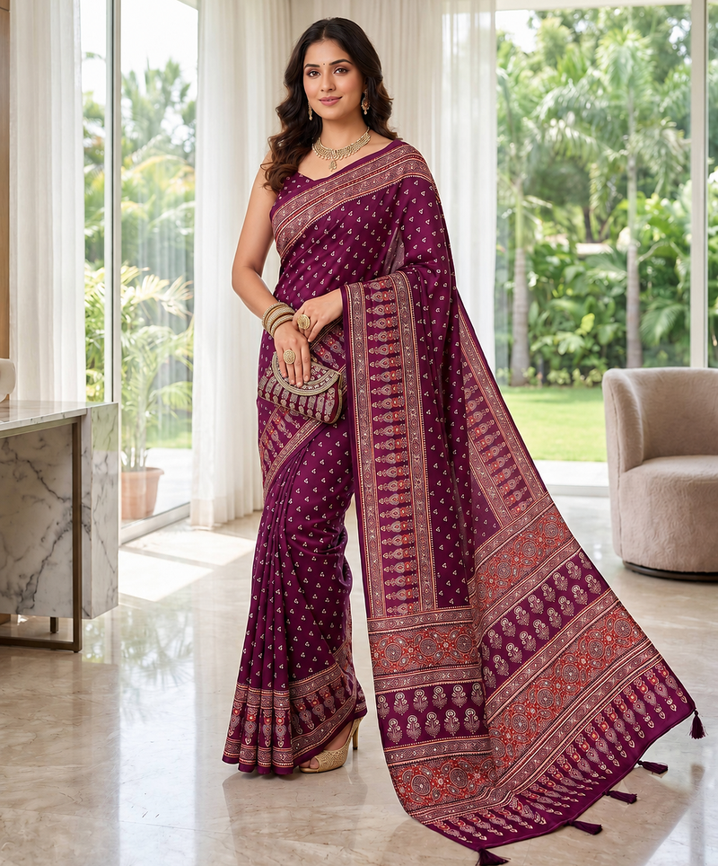 Wine Colour Mirror Work Border And Red Pallu With Red Tassels (Latkan) With Ajarakh Print Gajji Silk Saree