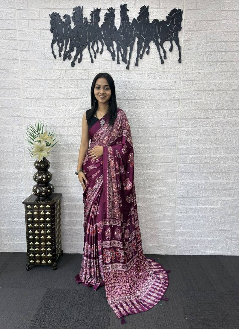Wine Colour Mirror Work Border And Red Pallu With Red Tassels (Latkan) With Ajarakh Print Gajji Silk Saree