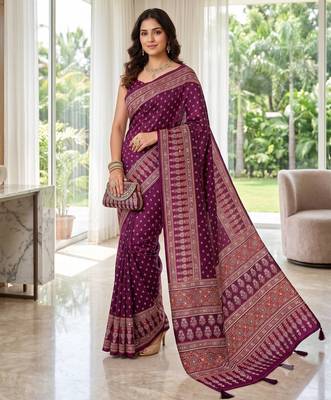 Wine Colour Mirror Work Border And Red Pallu With Red Tassels (Latkan) With Ajarakh Print Gajji Silk Saree 2