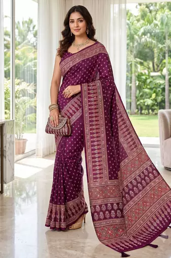 Wine Colour Mirror Work Border And Red Pallu With Red Tassels (Latkan) With Ajarakh Print Gajji Silk Saree
