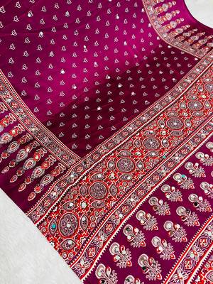 Wine Colour Mirror Work Border And Red Pallu With Red Tassels (Latkan) With Ajarakh Print Gajji Silk Saree 3