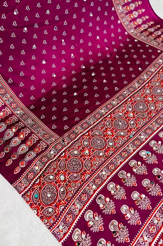 Wine Colour Mirror Work Border And Red Pallu With Red Tassels (Latkan) With Ajarakh Print Gajji Silk Saree