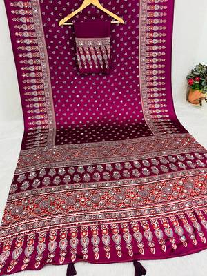 Wine Colour Mirror Work Border And Red Pallu With Red Tassels (Latkan) With Ajarakh Print Gajji Silk Saree 4