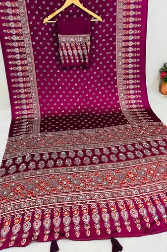 Wine Colour Mirror Work Border And Red Pallu With Red Tassels (Latkan) With Ajarakh Print Gajji Silk Saree