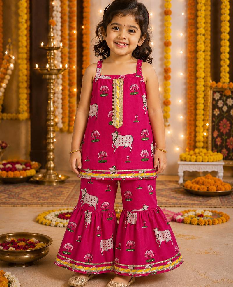 Girls Sleeveless Cotton Kurta & Churidar Salwar Set