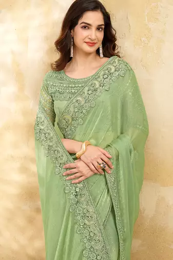 Trendmalls Chiffon Embroidery Sequence work Saree with Unstitched Blouse Piece