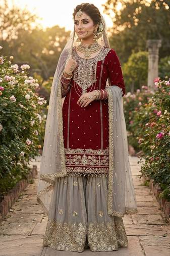 Red faux georgette embroidered palazzo suit with dupatta