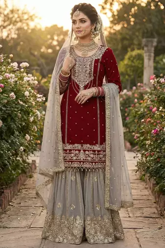 Red faux georgette embroidered palazzo suit with dupatta