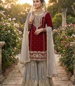 Red faux georgette embroidered palazzo suit with dupatta