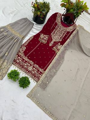 Red faux georgette embroidered palazzo suit with dupatta 2