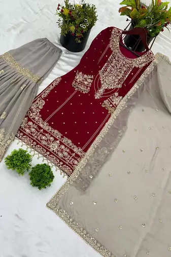 Red faux georgette embroidered palazzo suit with dupatta