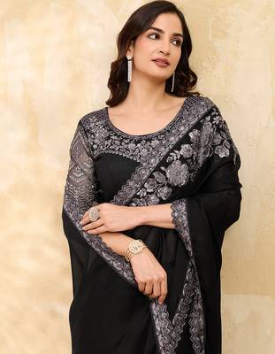 Chiffon Sequin Embroidery Work Saree with Unstitched Blouse Piece 4