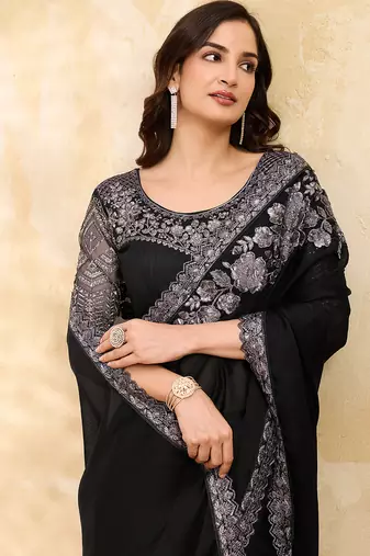 Chiffon Sequin Embroidery Work Saree with Unstitched Blouse Piece