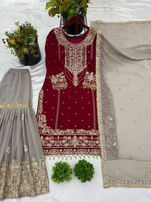 Red faux georgette embroidered palazzo suit with dupatta 3