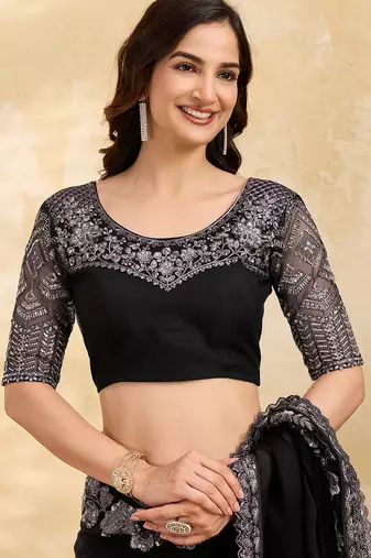 Chiffon Sequin Embroidery Work Saree with Unstitched Blouse Piece