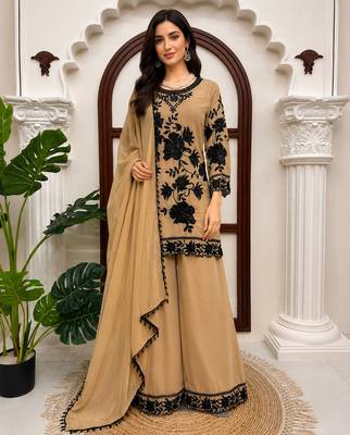 Beige faux georgette embroidered palazzo suit with dupatta 1