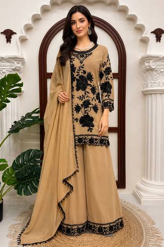 Beige faux georgette embroidered palazzo suit with dupatta