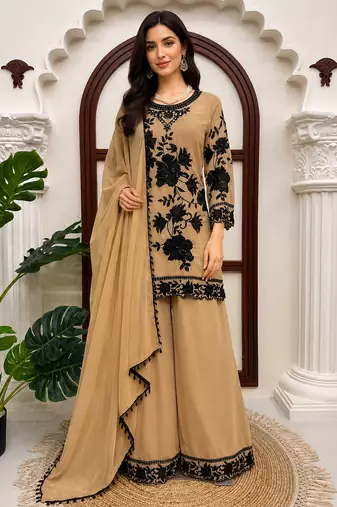 Beige faux georgette embroidered palazzo suit with dupatta