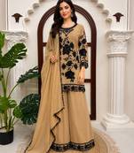 Beige faux georgette embroidered palazzo suit with dupatta
