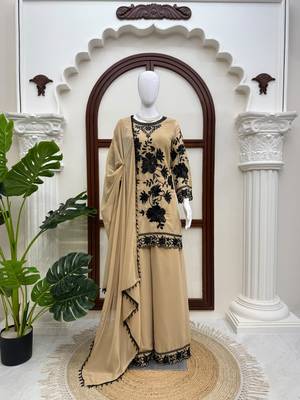 Beige faux georgette embroidered palazzo suit with dupatta 2
