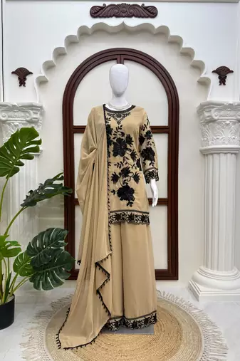 Beige faux georgette embroidered palazzo suit with dupatta