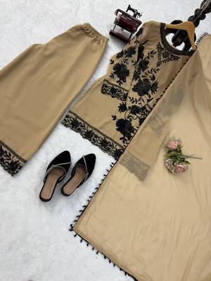 Beige faux georgette embroidered palazzo suit with dupatta 3