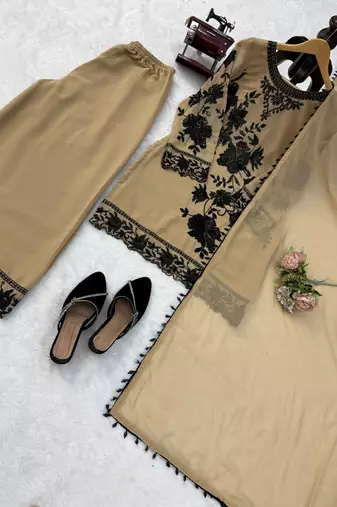 Beige faux georgette embroidered palazzo suit with dupatta