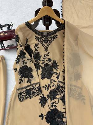 Beige faux georgette embroidered palazzo suit with dupatta 4