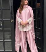 Pink pure crepe silk blend embroidered farshi suit with net dupatta