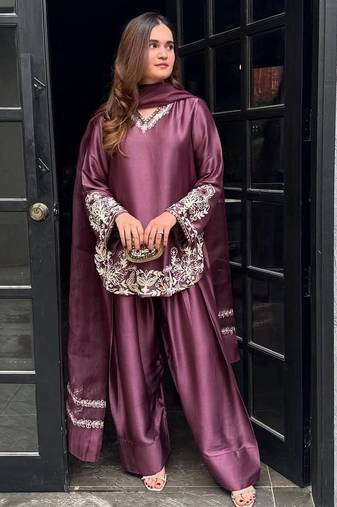 Wine pure crepe silk blend embroidered farshi suit with net dupatta