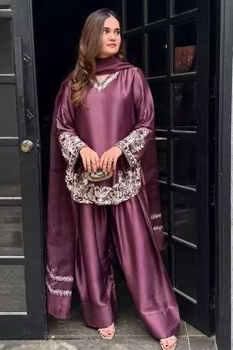Wine pure crepe silk blend embroidered farshi suit with net dupatta