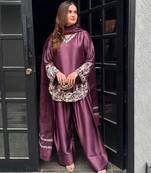 Wine pure crepe silk blend embroidered farshi suit with net dupatta