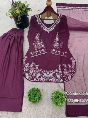 Wine pure crepe silk blend embroidered farshi suit with net dupatta 2