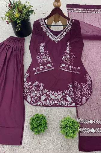 Wine pure crepe silk blend embroidered farshi suit with net dupatta
