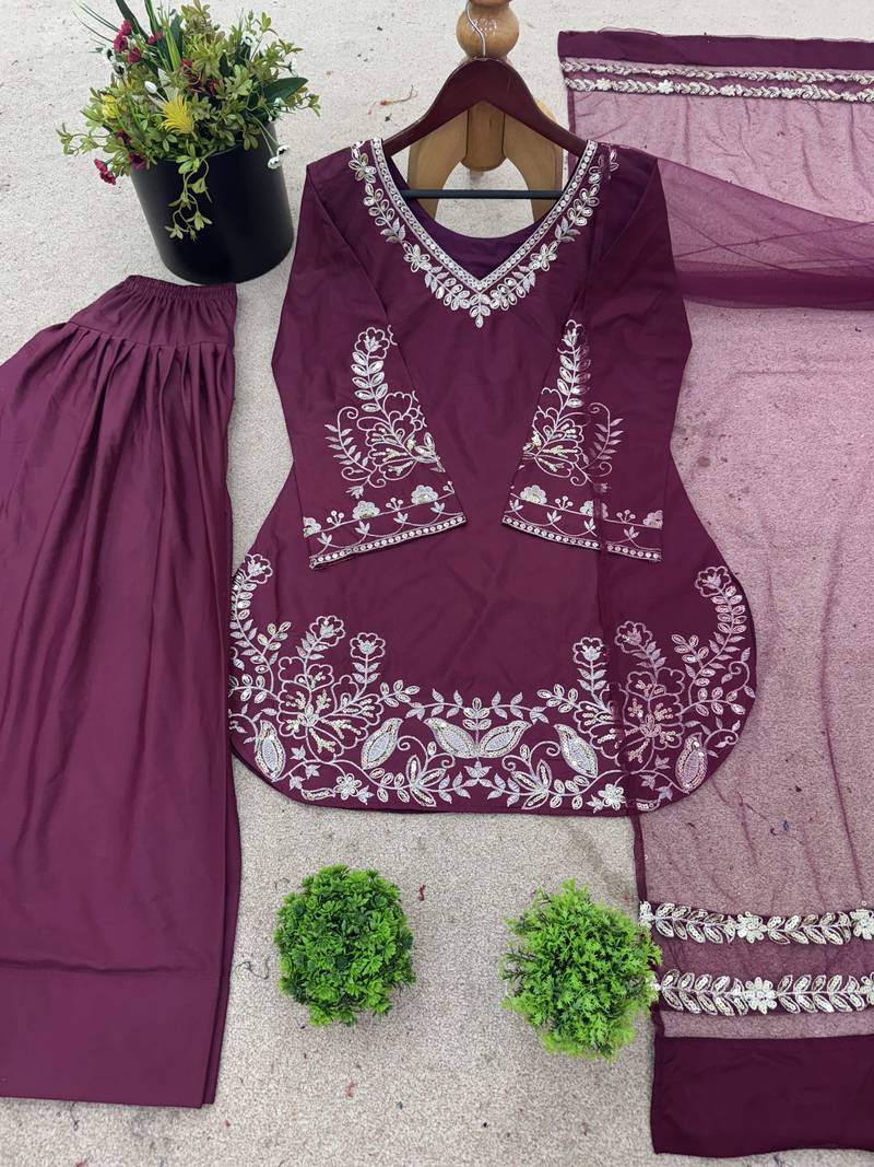 Wine pure crepe silk blend embroidered farshi suit with net dupatta