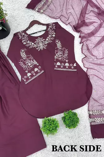 Wine pure crepe silk blend embroidered farshi suit with net dupatta