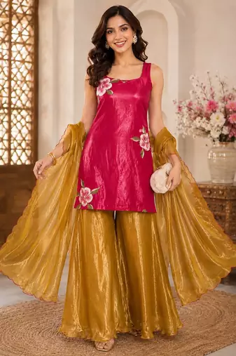 Rani pink hand painted fendy silk blend kurta palazzo set with dupatta